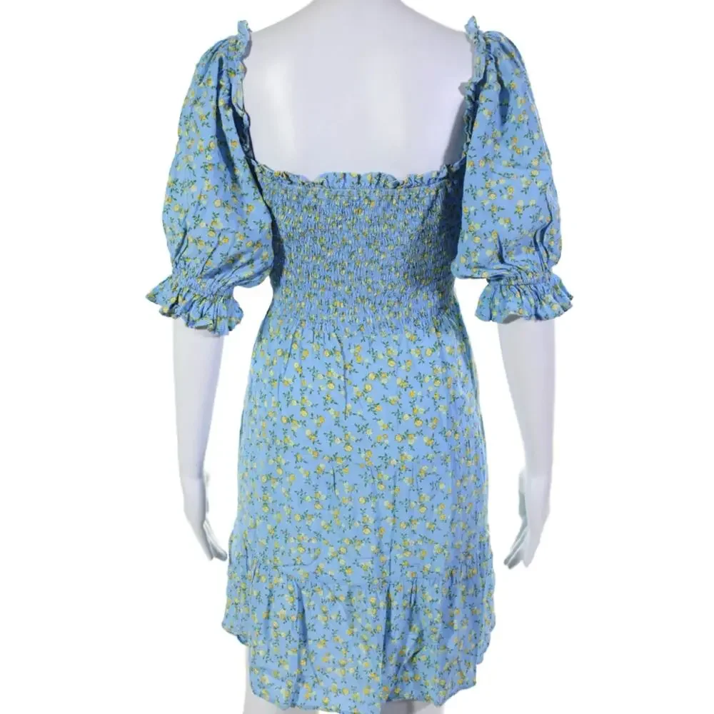 Faithfull the Brand Charolette Smocked Mini Dress Blue Yellow XL - Picture 6 of 9